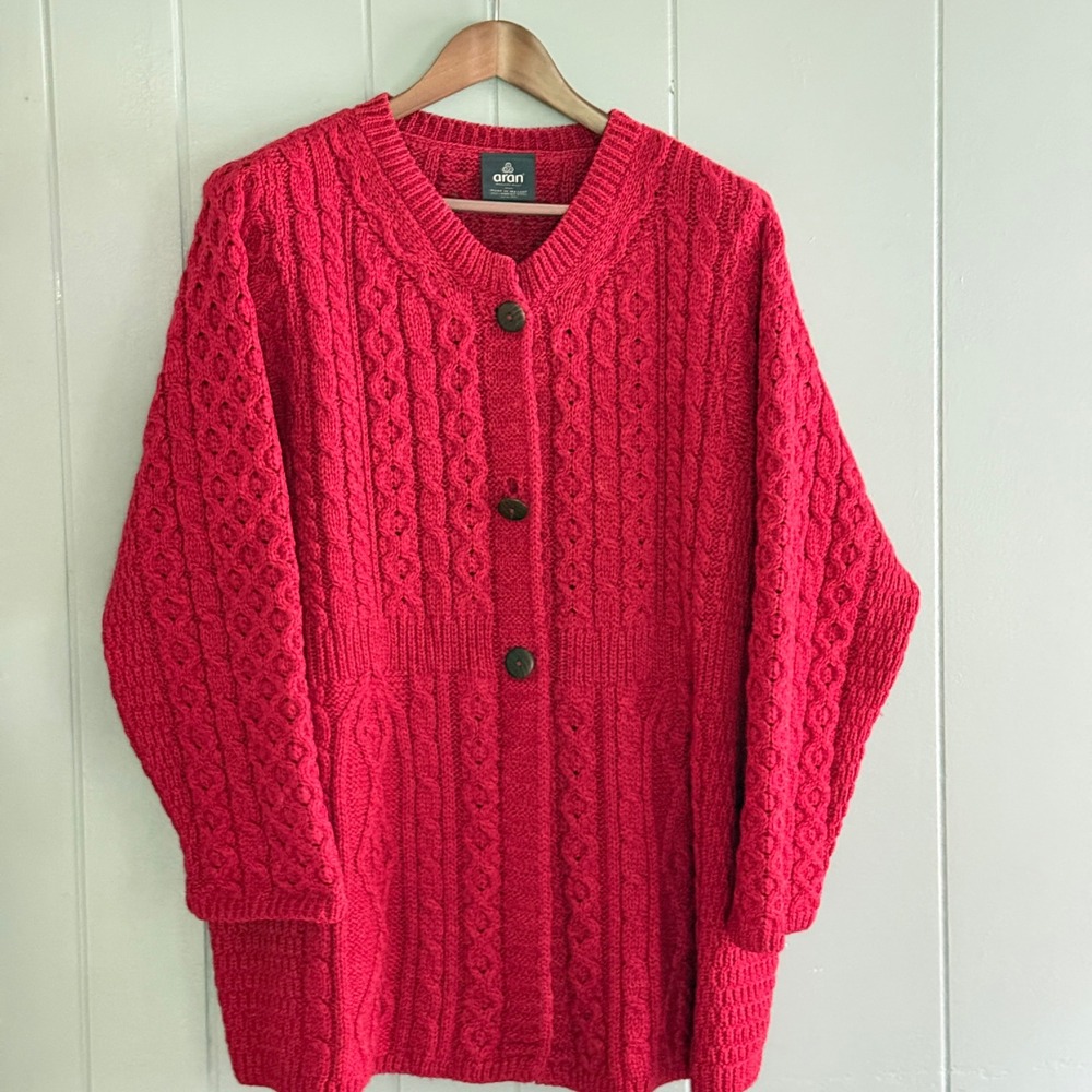 Aran Woollen Mills Irish Merino Wool Cable Knit Cardigan 1X Red READ DescrOption